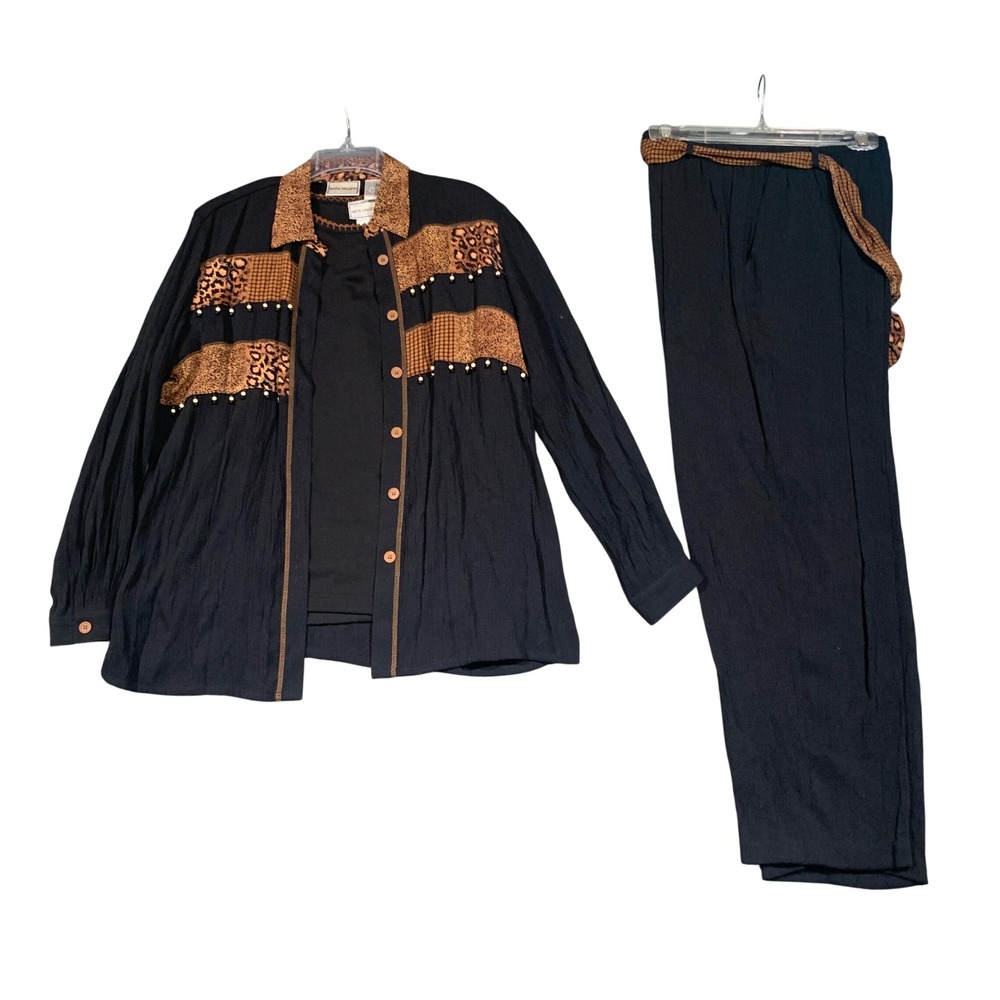 Napa Valley 3pc Pant Set Women S / M Black Leopard Patchwork Beaded Art to Wear